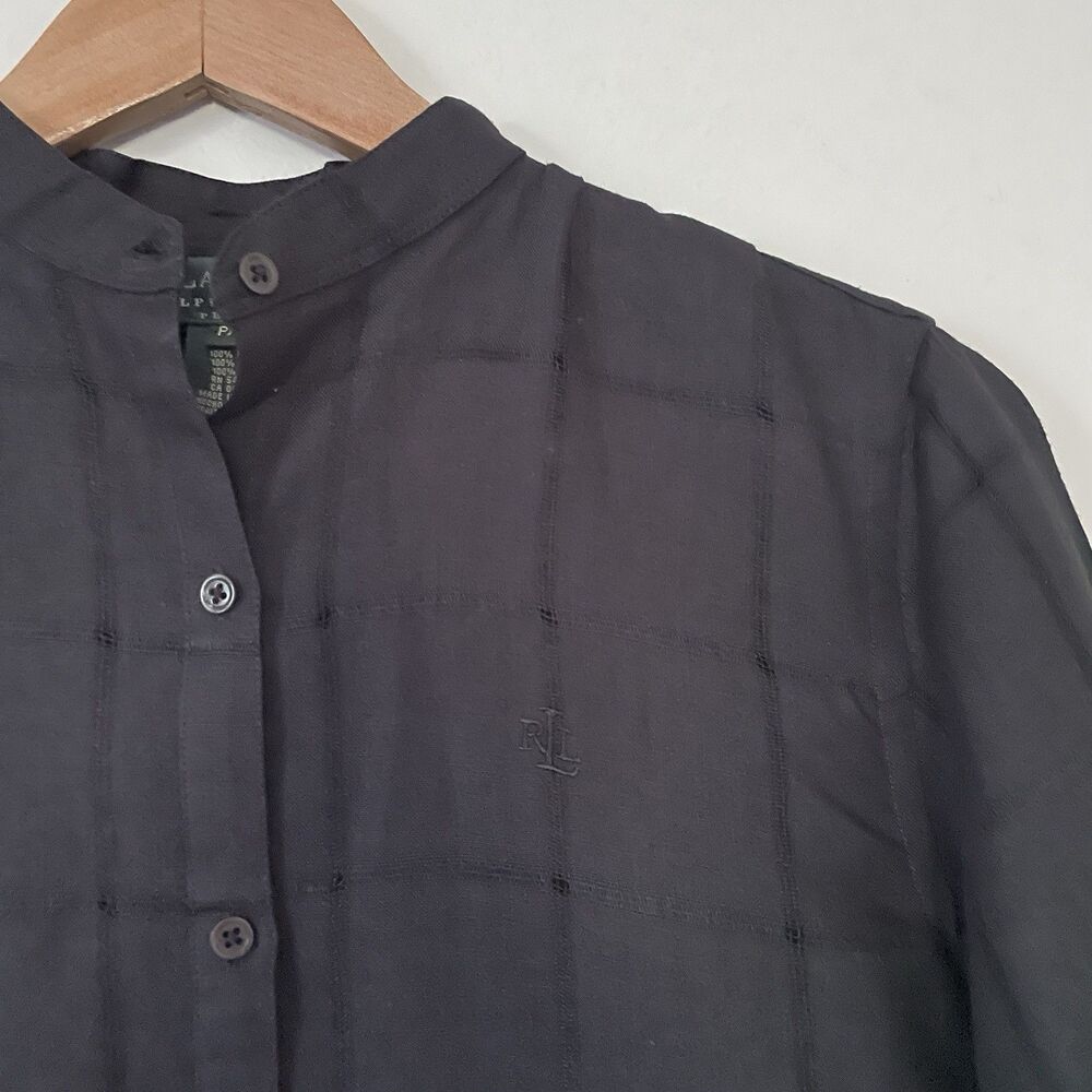 Lauren Ralph Lauren M Petite Black Linen Shirt Top Classic Preppy Coastal Luxury